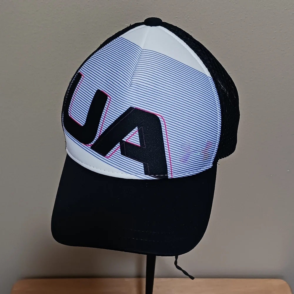 Under Armour Trucker Hat Youth Cap Black White Pink Holagram Logo Velcro Strap